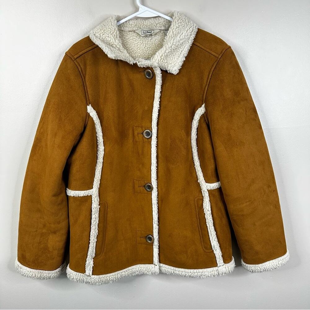 L.L.Bean Faux Suede Sherpa Coat Womens M Brown Button Front Winter Ranch Jacket